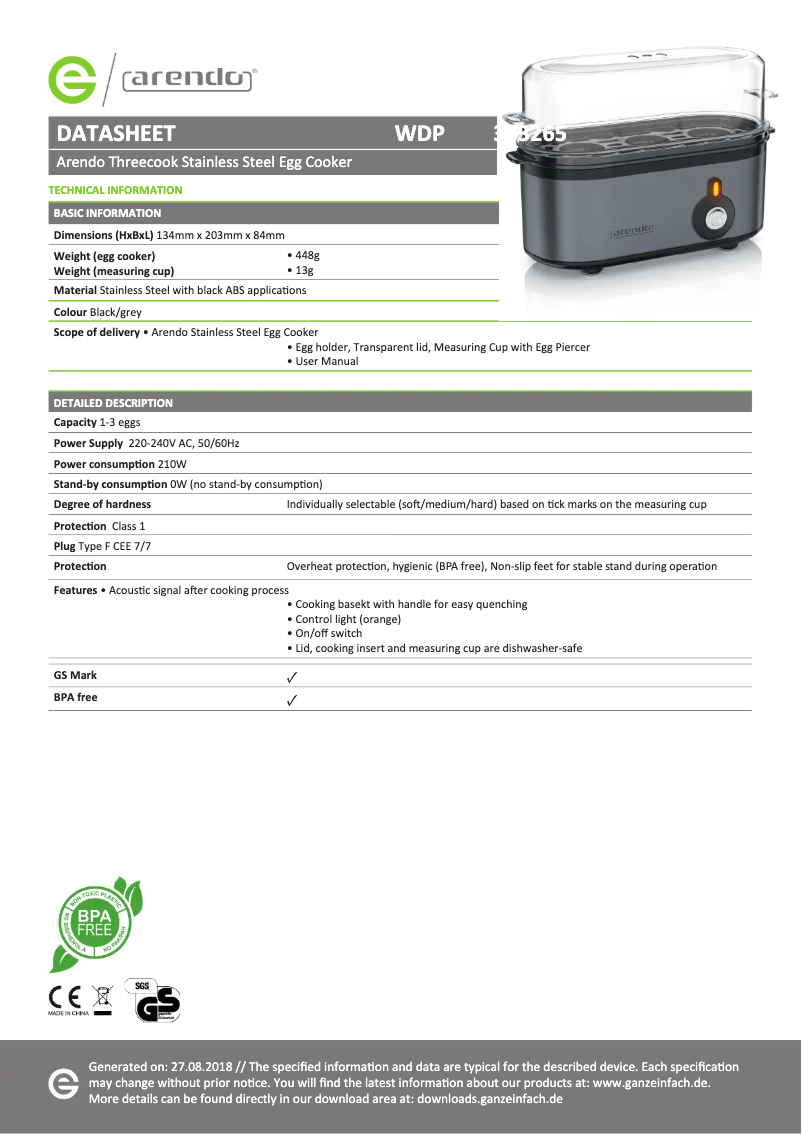 Page 1 de la notice Fiche technique Arendo 303265