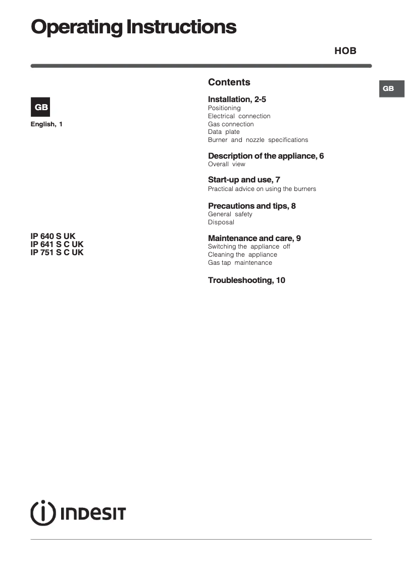 Page 1 de la notice Manuel utilisateur Indesit IP 751 S C IX