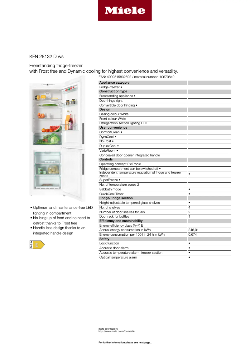 Page n°1 - Fiche technique Miele KFN 28132 D WS