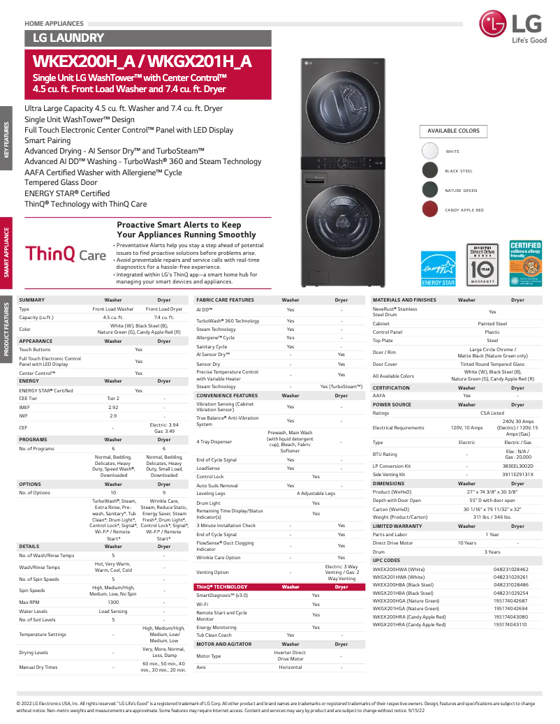Page 1 de la notice Fiche technique LG WKGX201HRA
