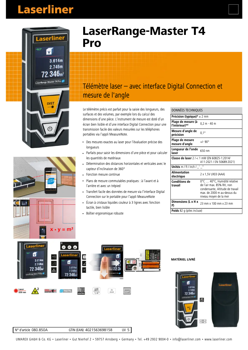 Page 1 de la notice Fiche technique Laserliner LaserRange-Master T4 Pro