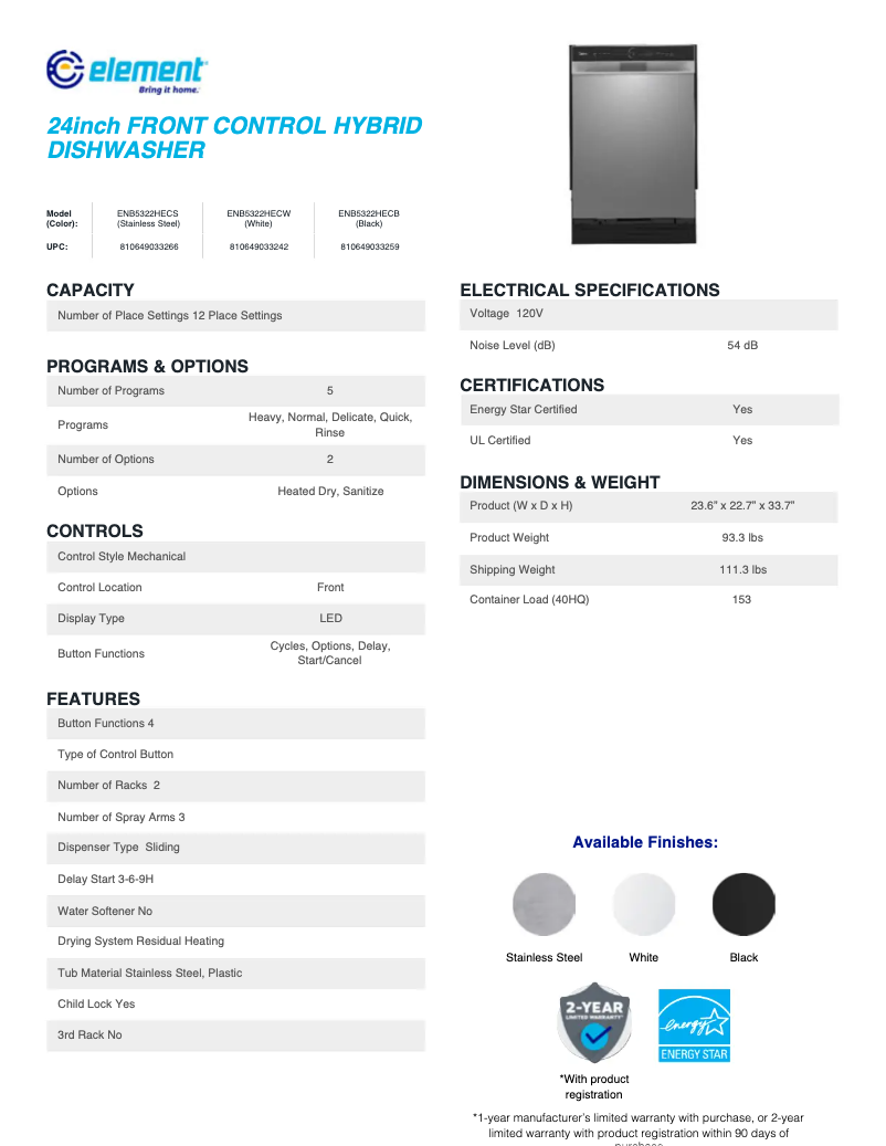 Page 1 de la notice Fiche technique Element ENB5322HECW
