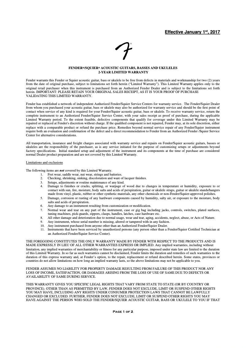 Page n°1 - Informations de garantie Fender American Acoustasonic
