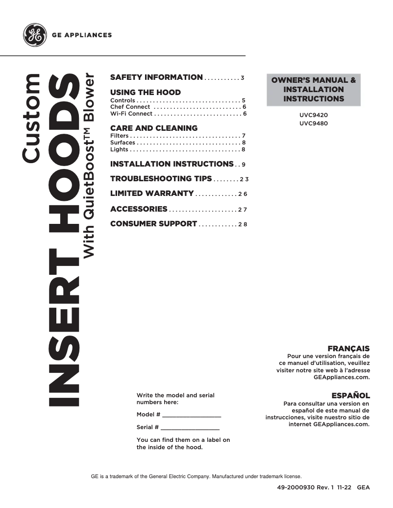 Page 1 de la notice Manuel d'utilisation et d'entretien GE UVC9480SLSS
