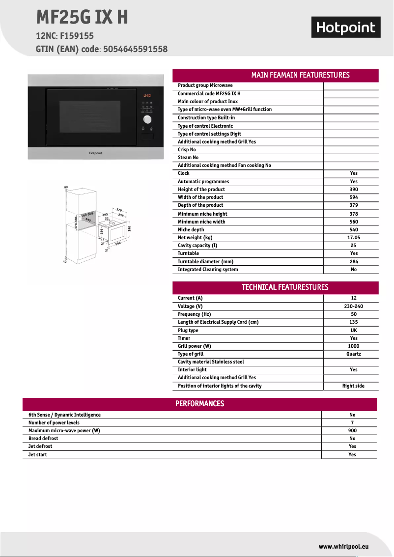 Page 1 de la notice Fiche technique Hotpoint MF25G IX H