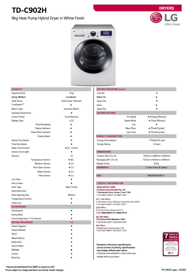 Page 1 de la notice Fiche technique LG TD-C902H