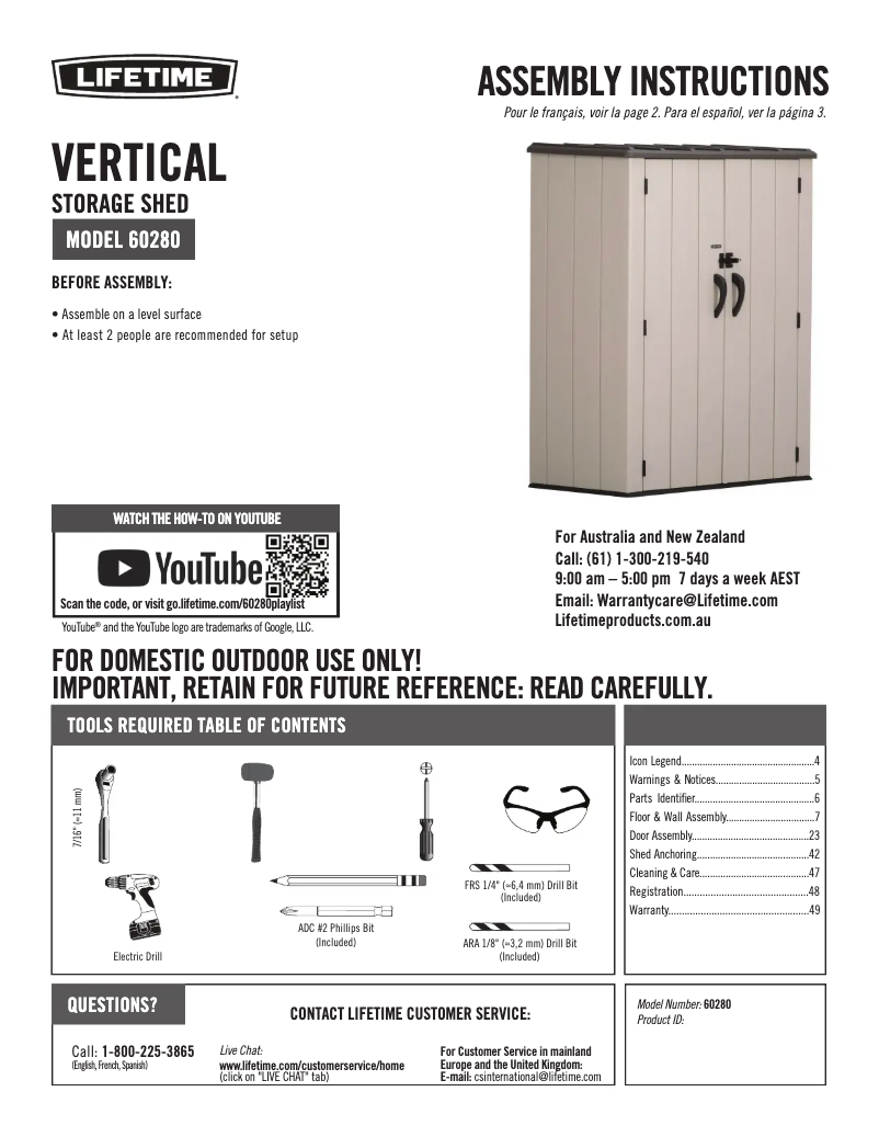 Page 1 de la notice Manuel utilisateur Lifetime Vertical Storage Shed 60280