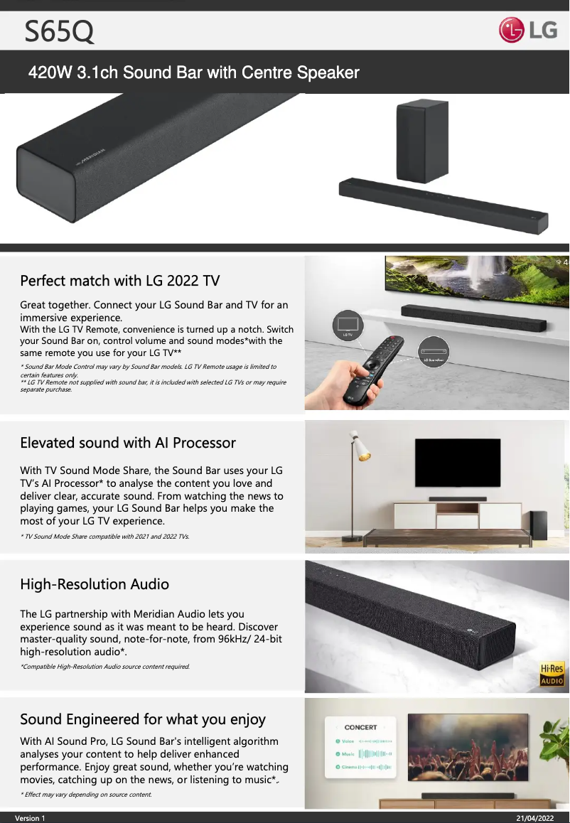 Página 1 del manual Ficha técnica LG S65Q