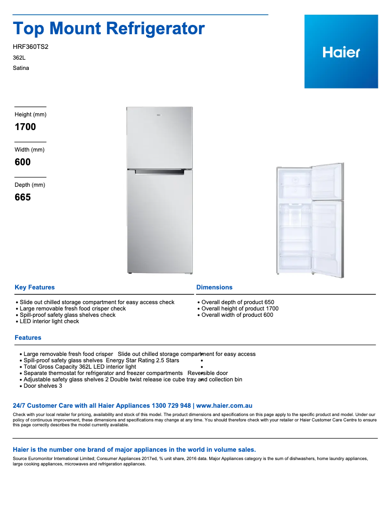 Page 1 de la notice Fiche technique Haier HRF360TS2