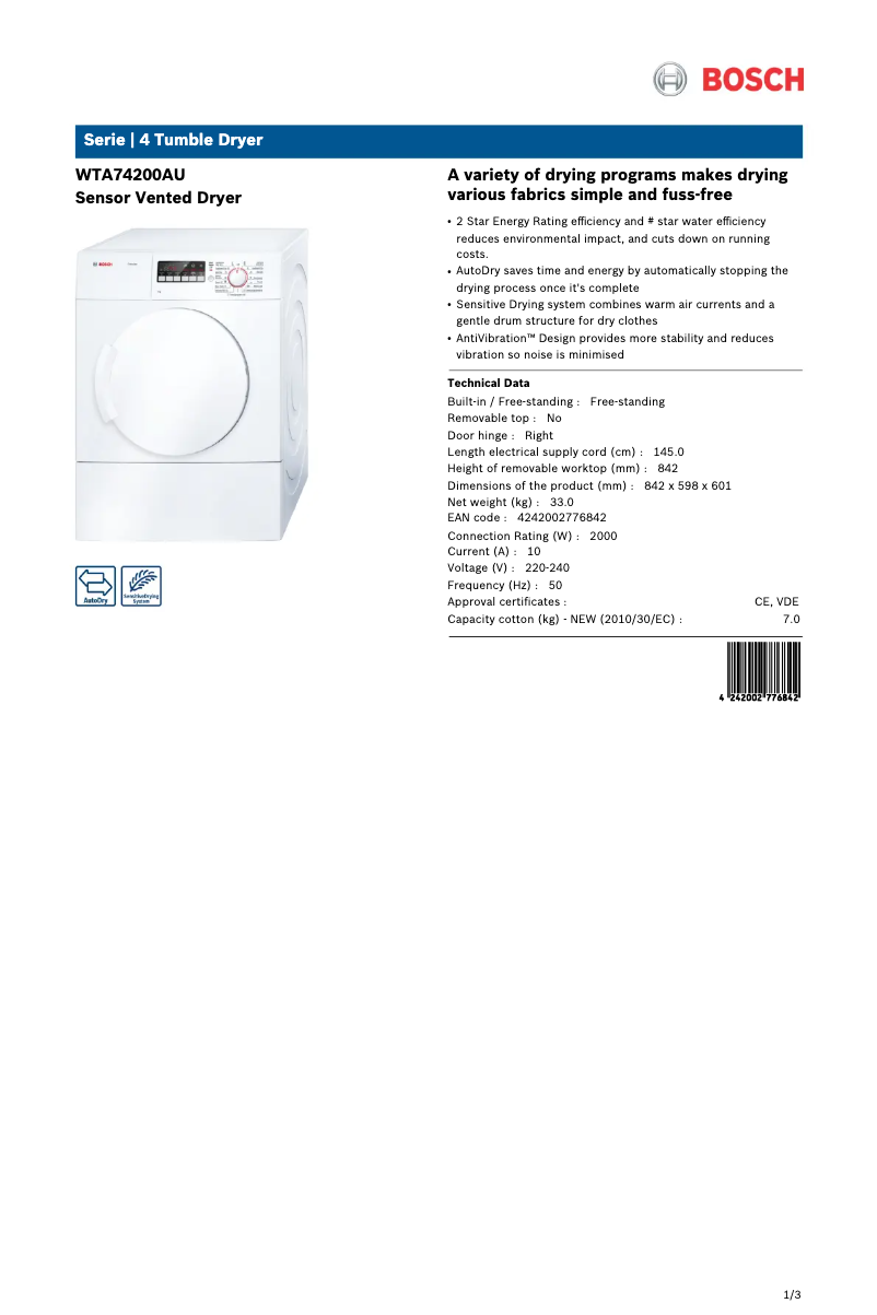 Image de la première page du manuel de l'appareil WTA74200AU