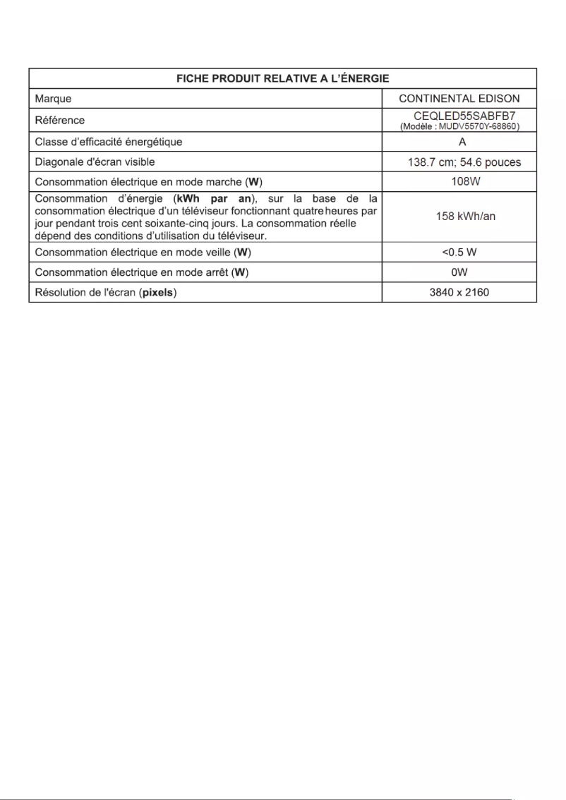Page 1 de la notice Label énergétique Continental Edison CEQLED55SABFB7