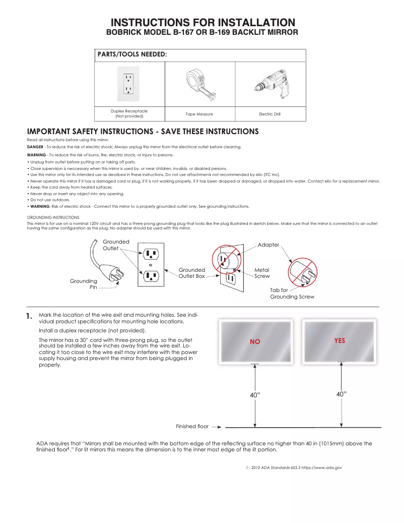 Page 1 de la notice Manuel utilisateur Bobrick B-167