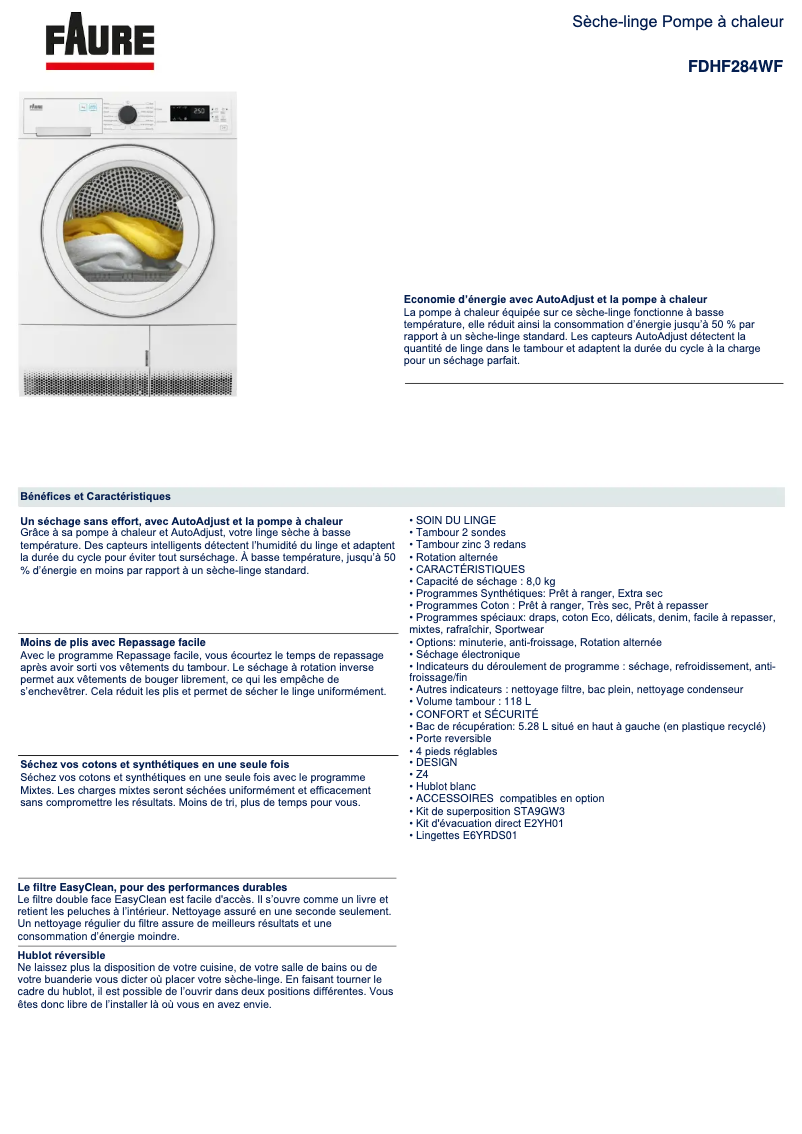 Page n°1 - Fiche technique Electrolux FDHF284WF