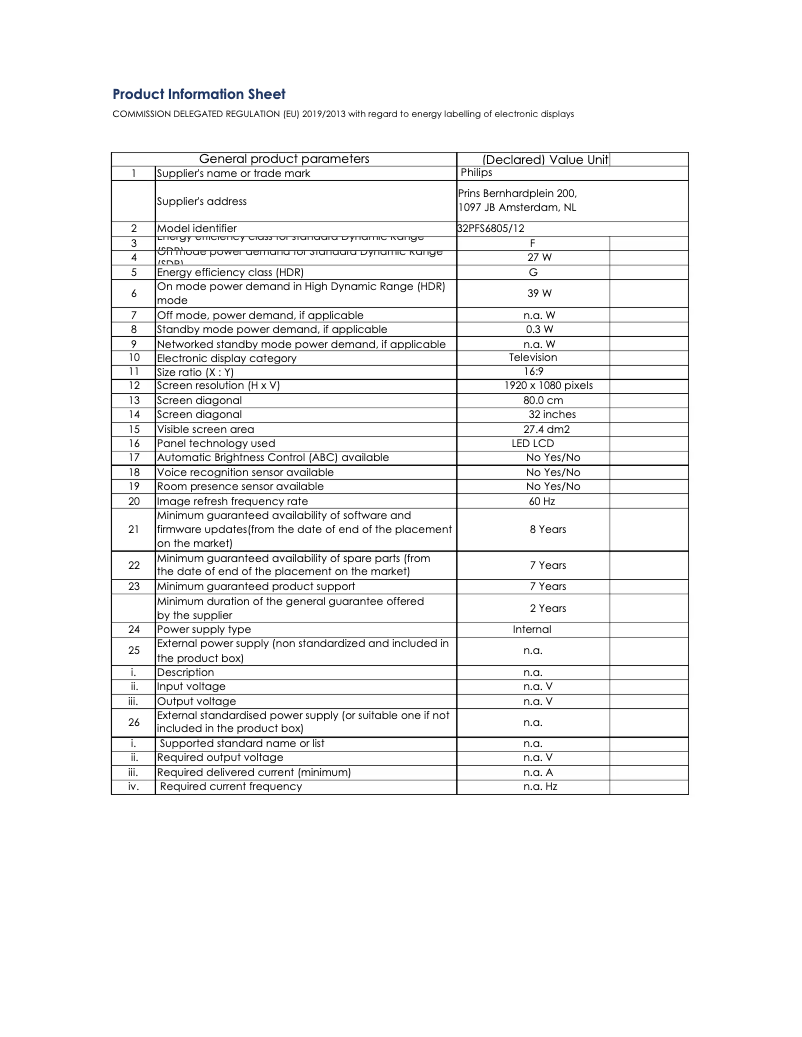 Page n°1 - Fiche technique Philips 6800 series 32PFS6805