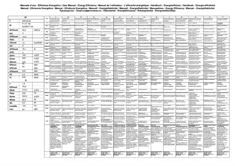 Page 1 de la notice Fiche technique Arçelik P 171 TB