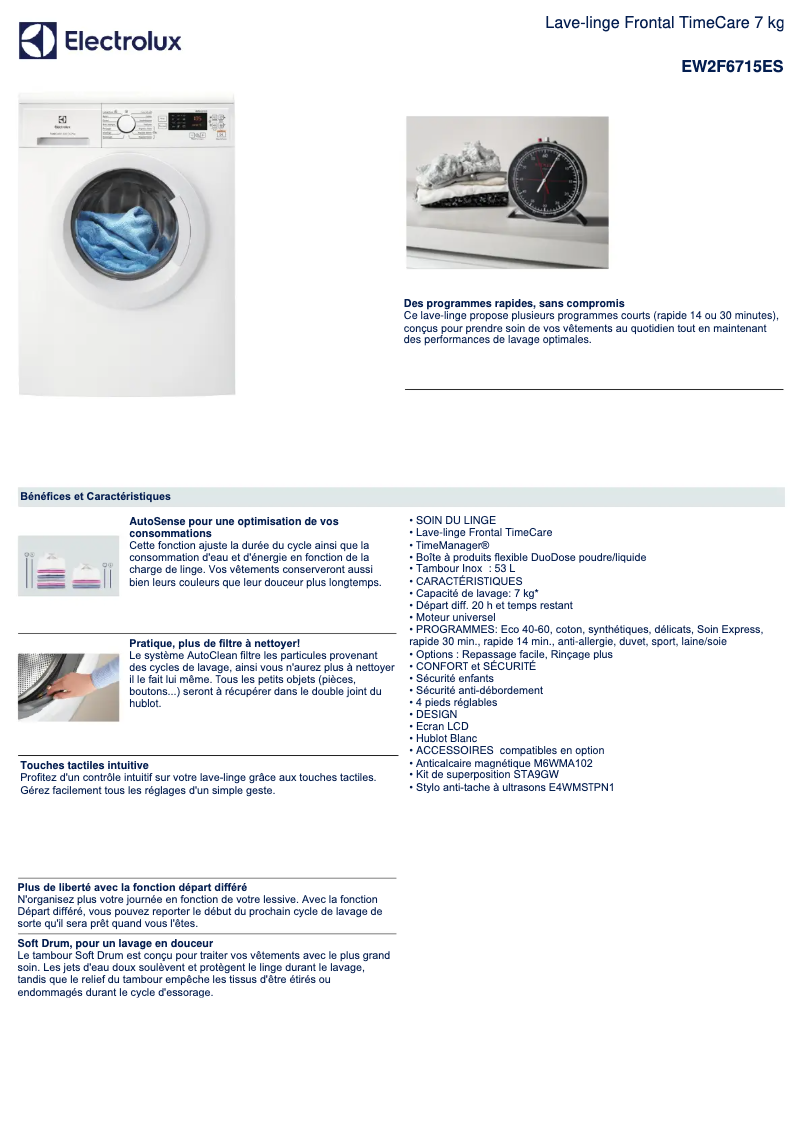 Page 1 de la notice Fiche technique Electrolux EW2F6715ES