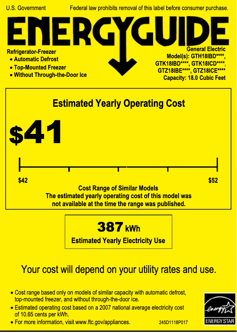 Page n°1 - Label énergétique GE GTH18IBDWW