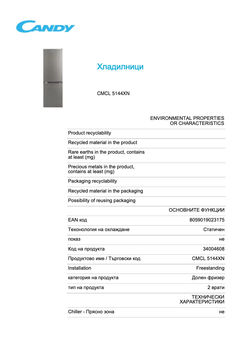 Page n°1 - Fiche technique Candy CMCL 5144XN