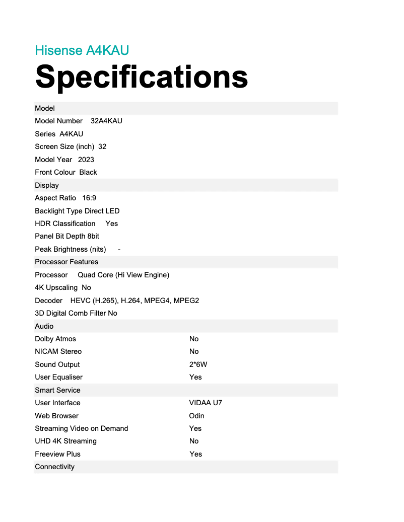 Page 1 de la notice Fiche technique Hisense 32A4KAU