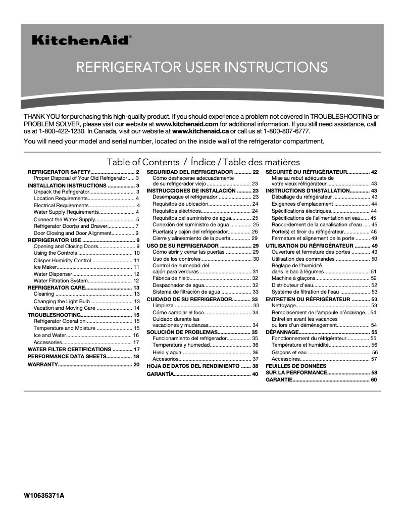 Page 1 de la notice Manuel utilisateur KitchenAid Architect KBFS20ECBL