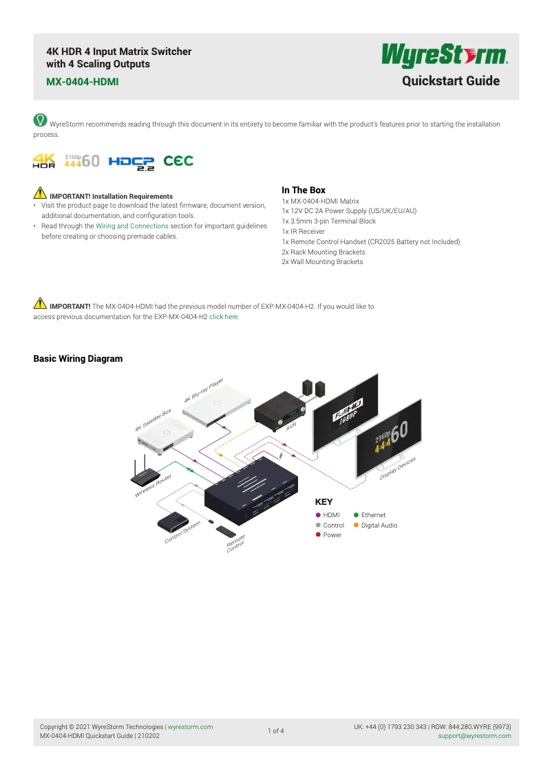 Page 1 de la notice Manuel utilisateur WyreStorm MX 0404-KIT
