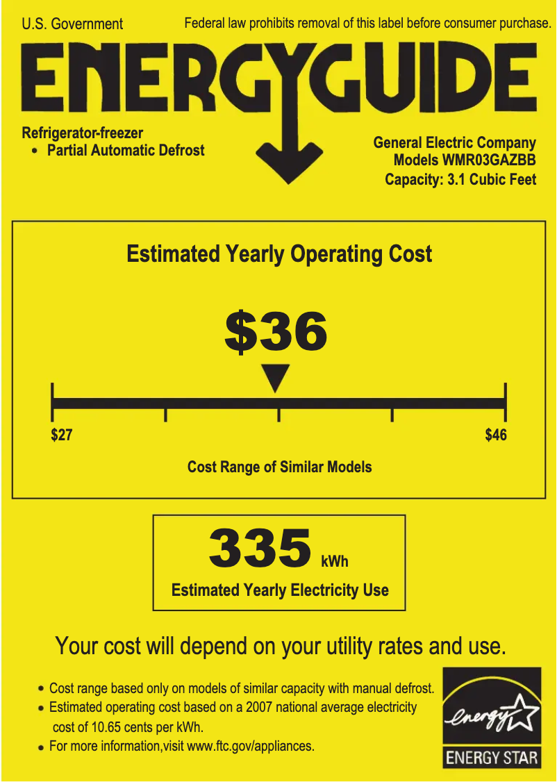 Page 1 de la notice Label énergétique GE WMR03GAZBB