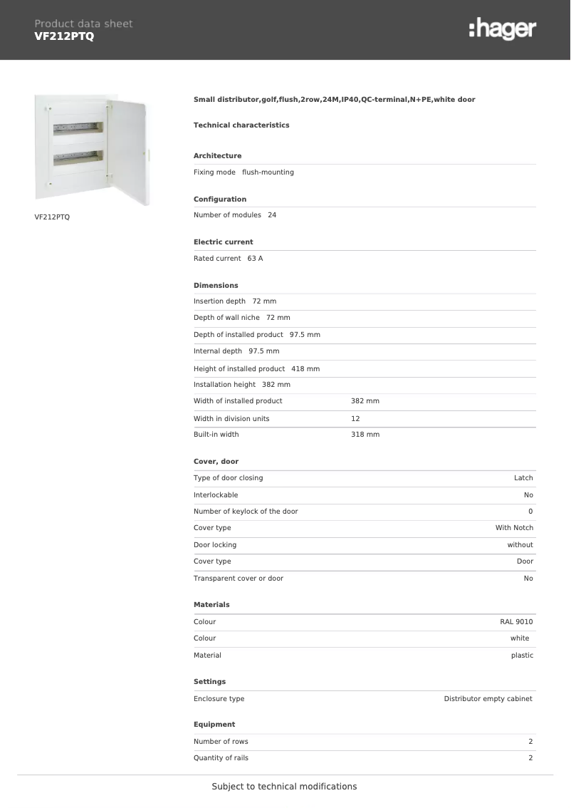 Page n°1 - Fiche technique Hager VF212PTQ