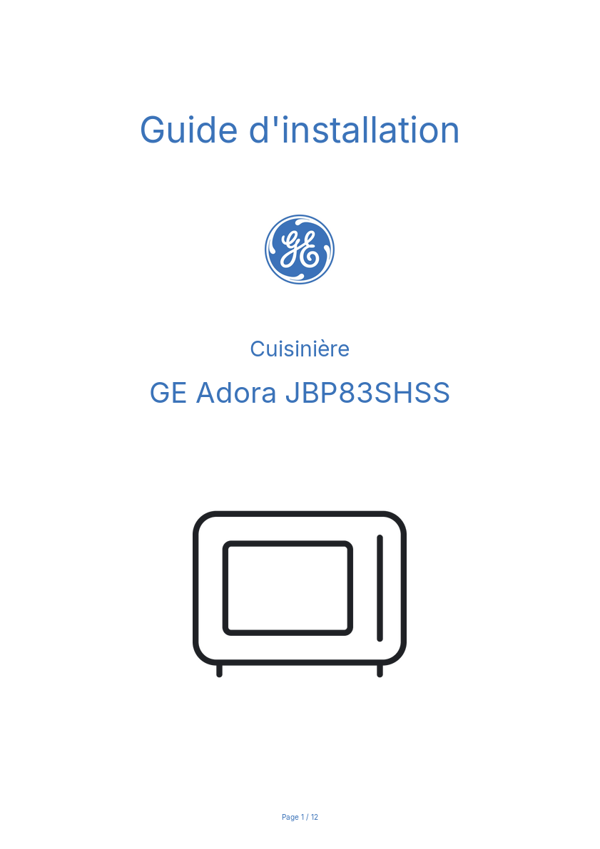 Page n°1 - Guide d'installation GE Adora JBP83SHSS
