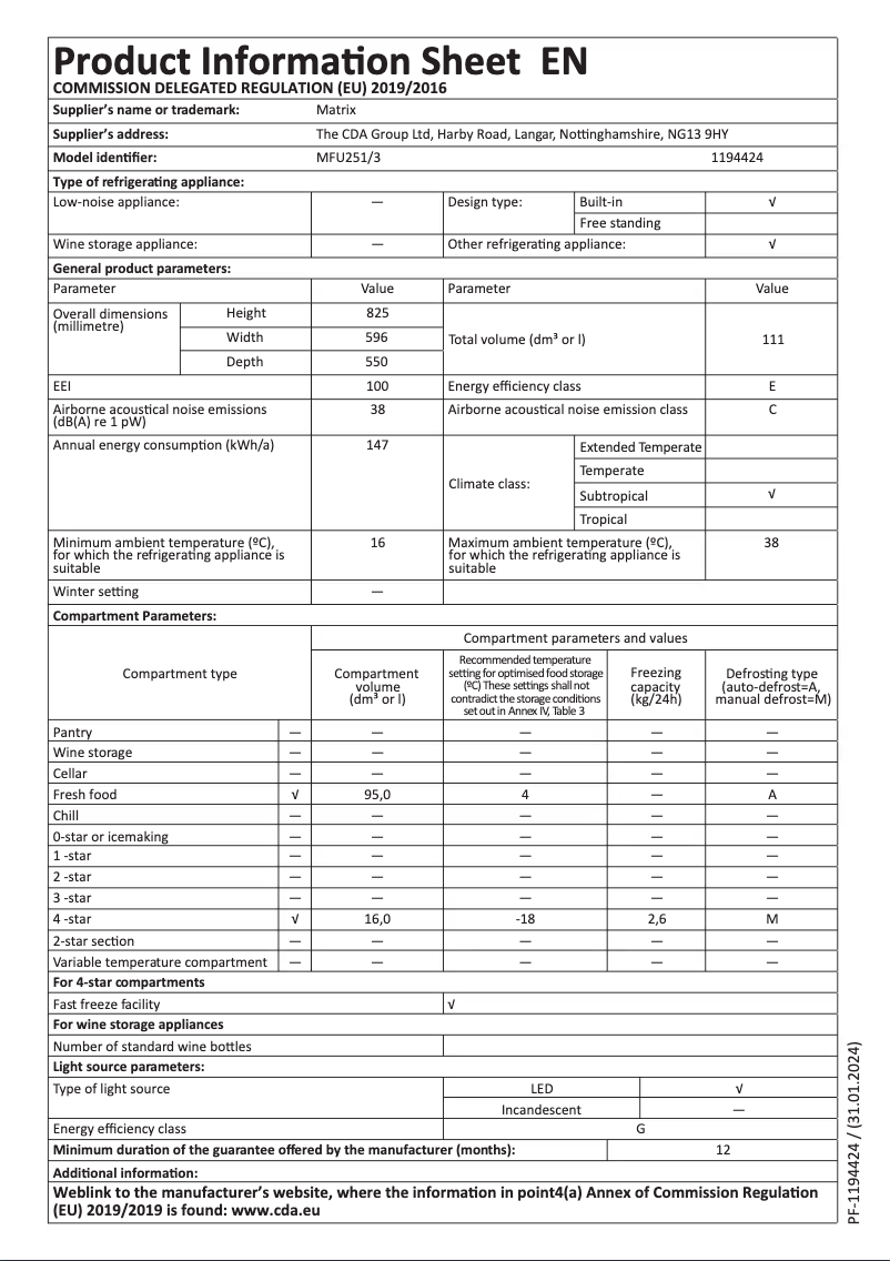 Page n°1 - Fiche technique Matrix MFU251