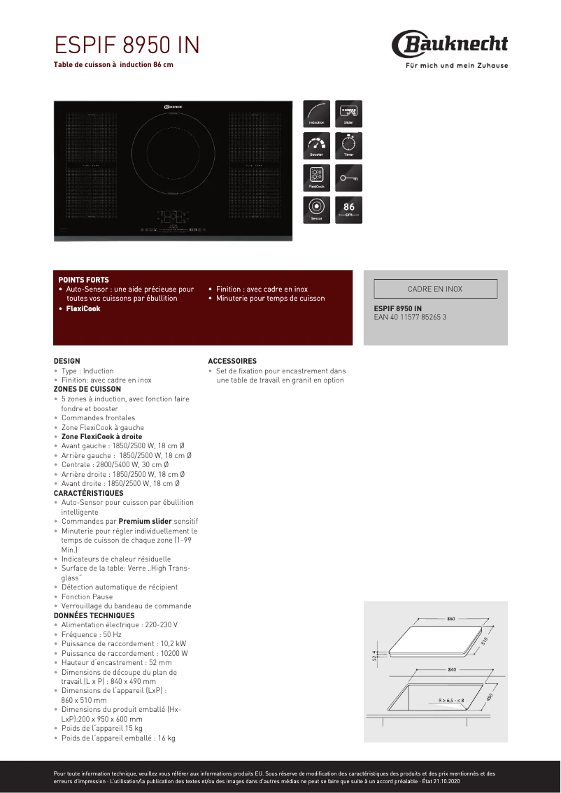 Page 1 de la notice Fiche technique Bauknecht ESPIF 8950 IN