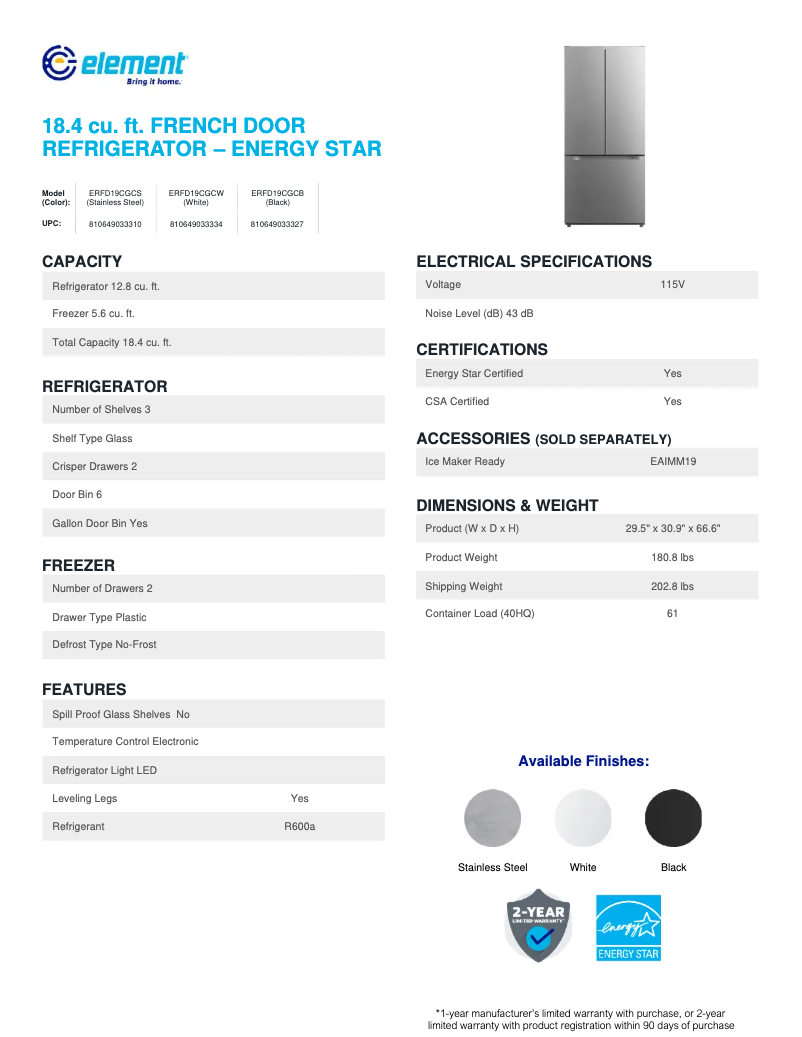 Page 1 de la notice Fiche technique Element ERFD19CGCB