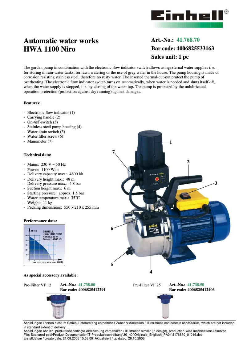 Page n°1 - Manuel utilisateur Einhell Royal HWA 1100 Niro