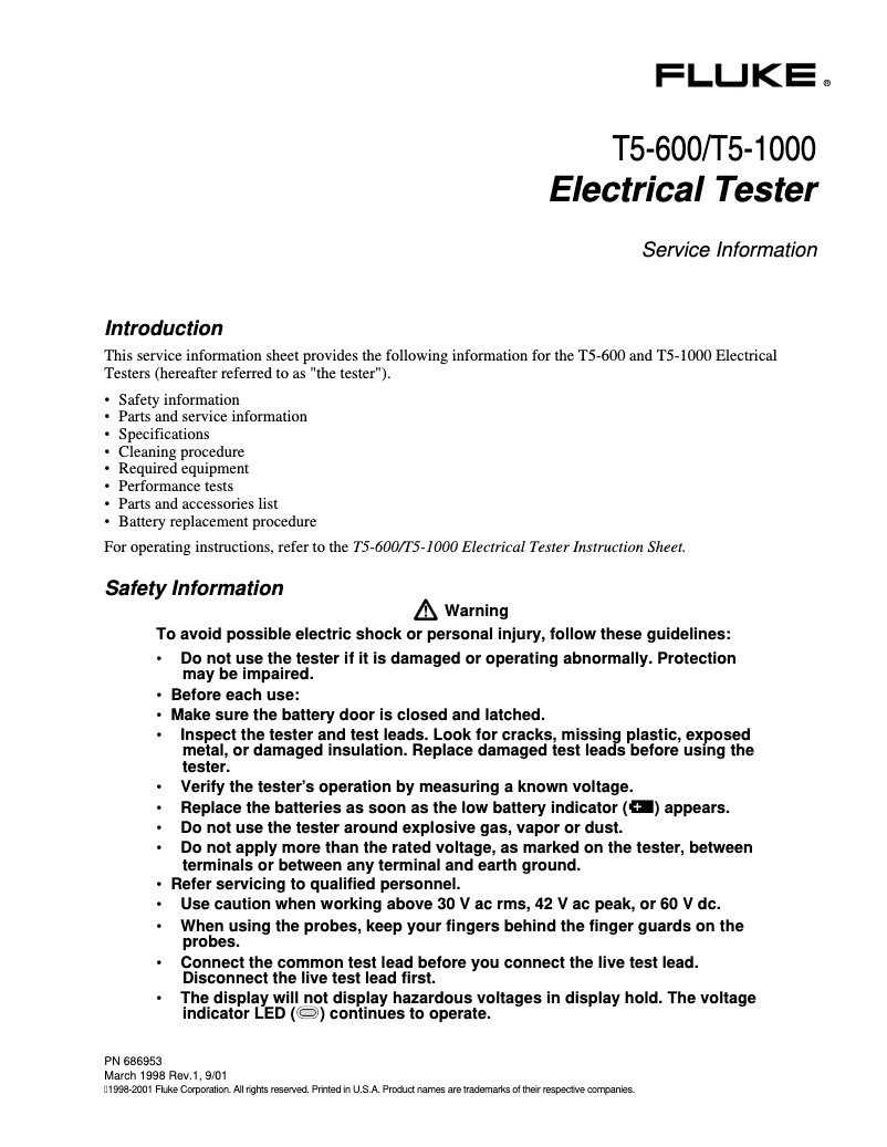 Página 1 del manual Manual de usuario Fluke T5-1000