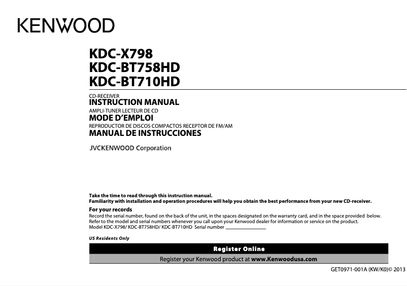 Page n°1 - Manuel utilisateur Kenwood KDC-BT758HD