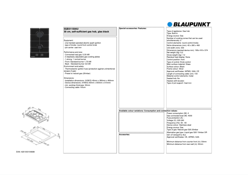 Page 1 de la notice Fiche technique Blaupunkt 5GB31150AU