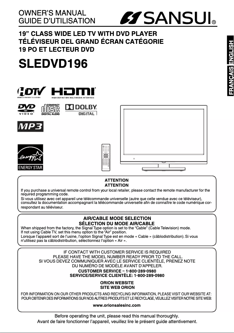 Page n°1 - Manuel utilisateur Sansui SLEDVD196