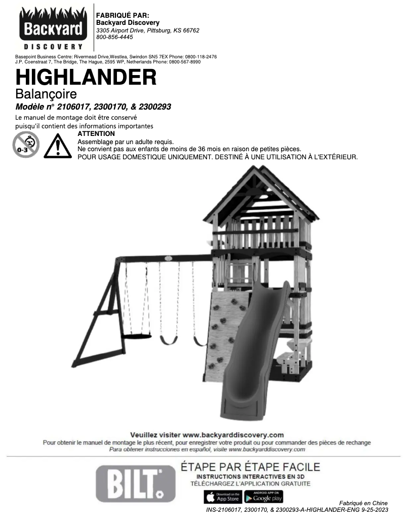Page 1 de la notice Manuel utilisateur Backyard Discovery Highlander