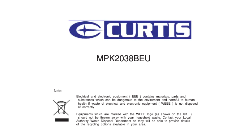 Page 1 de la notice Manuel utilisateur Curtis MPK2038BEU