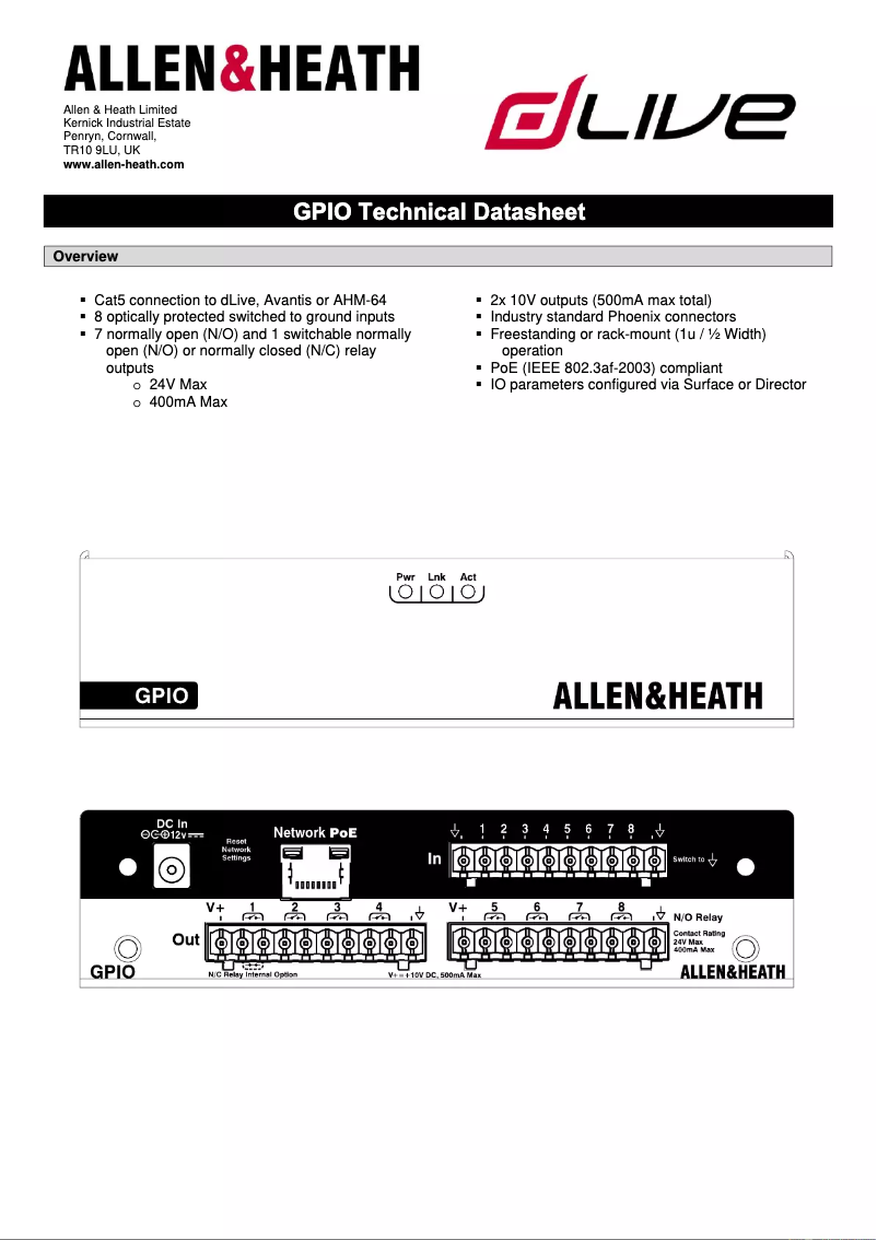 Page 1 de la notice Fiche technique Allen & Heath GPIO