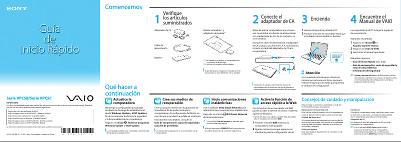 Page n°1 - Guide d'installation Sony Vaio VPCSB190X