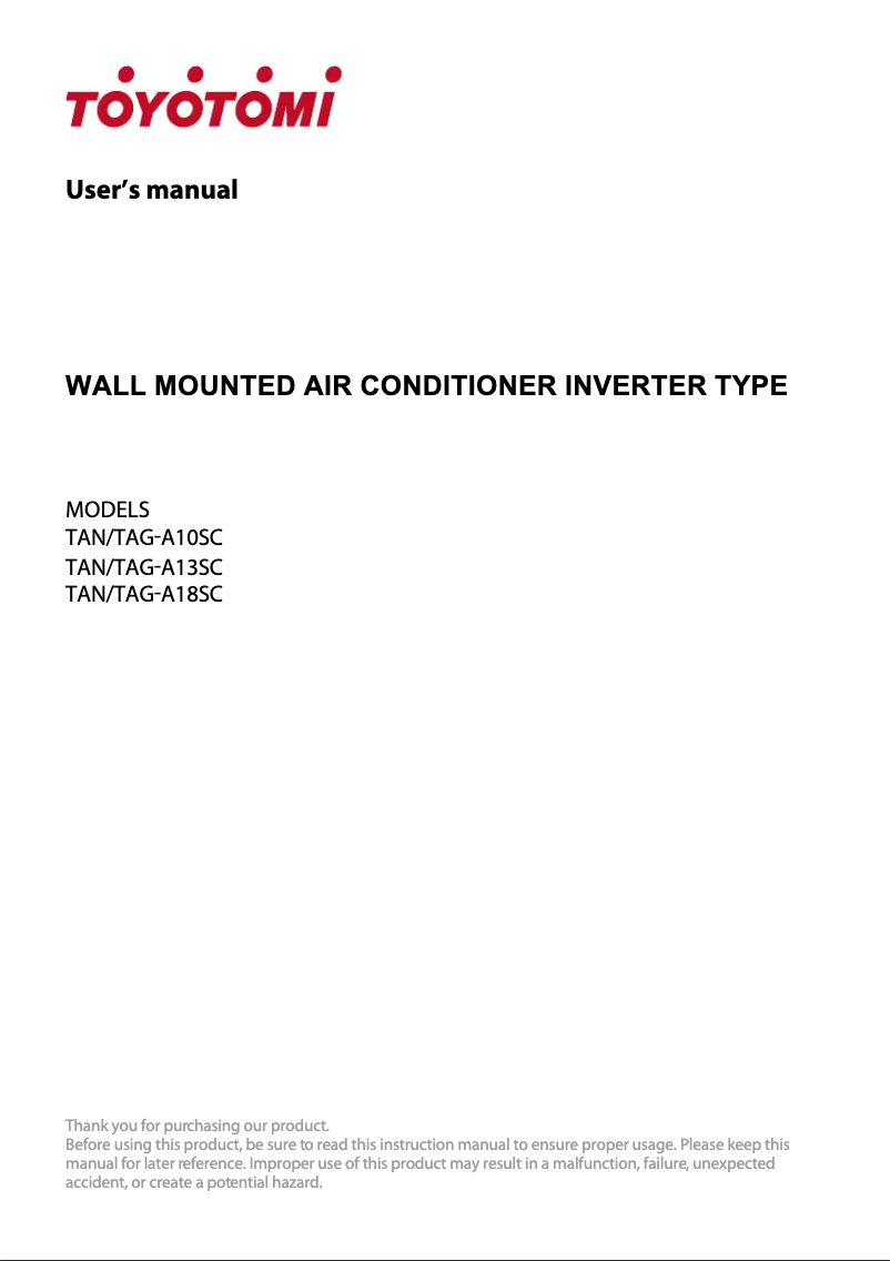 Page 1 de la notice Manuel utilisateur Toyotomi TAN/TAG-A18SC