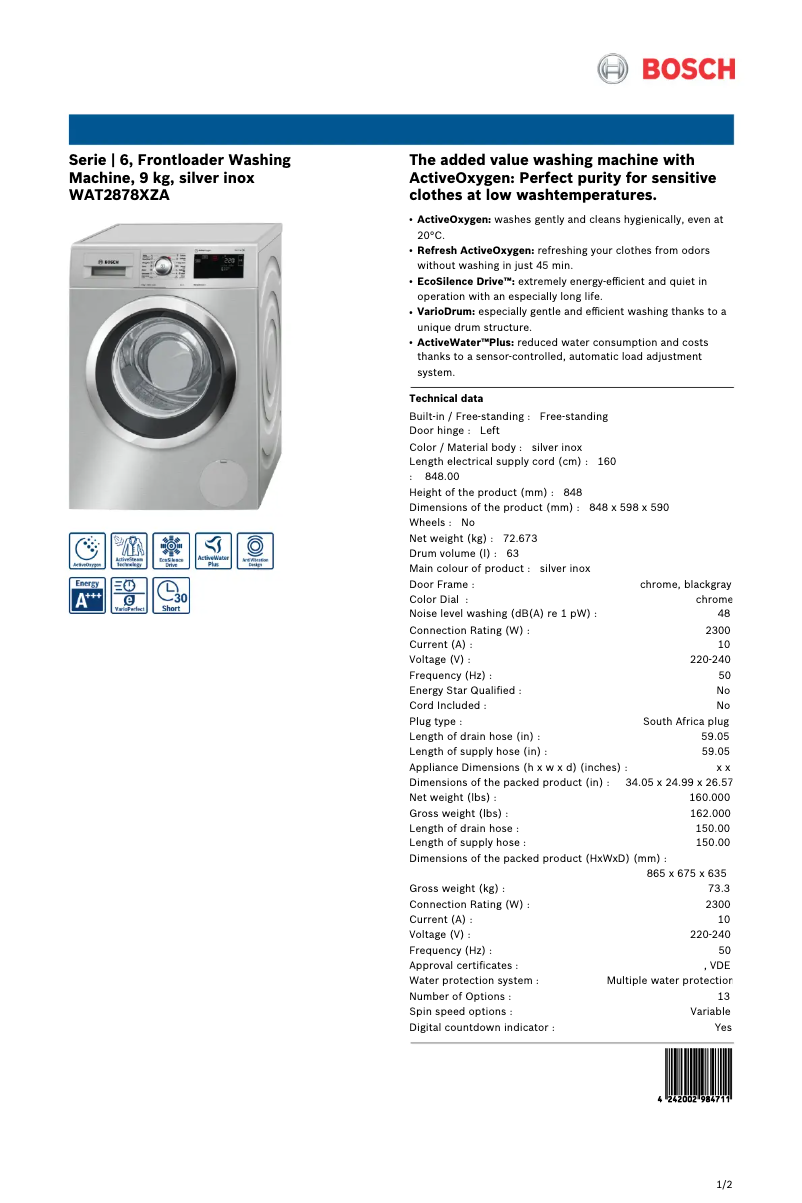 Página 1 del manual Ficha técnica Bosch WAT2878XZA