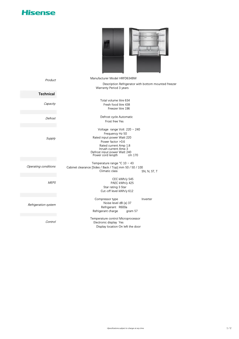 Page 1 de la notice Fiche technique Hisense HRFD634BW