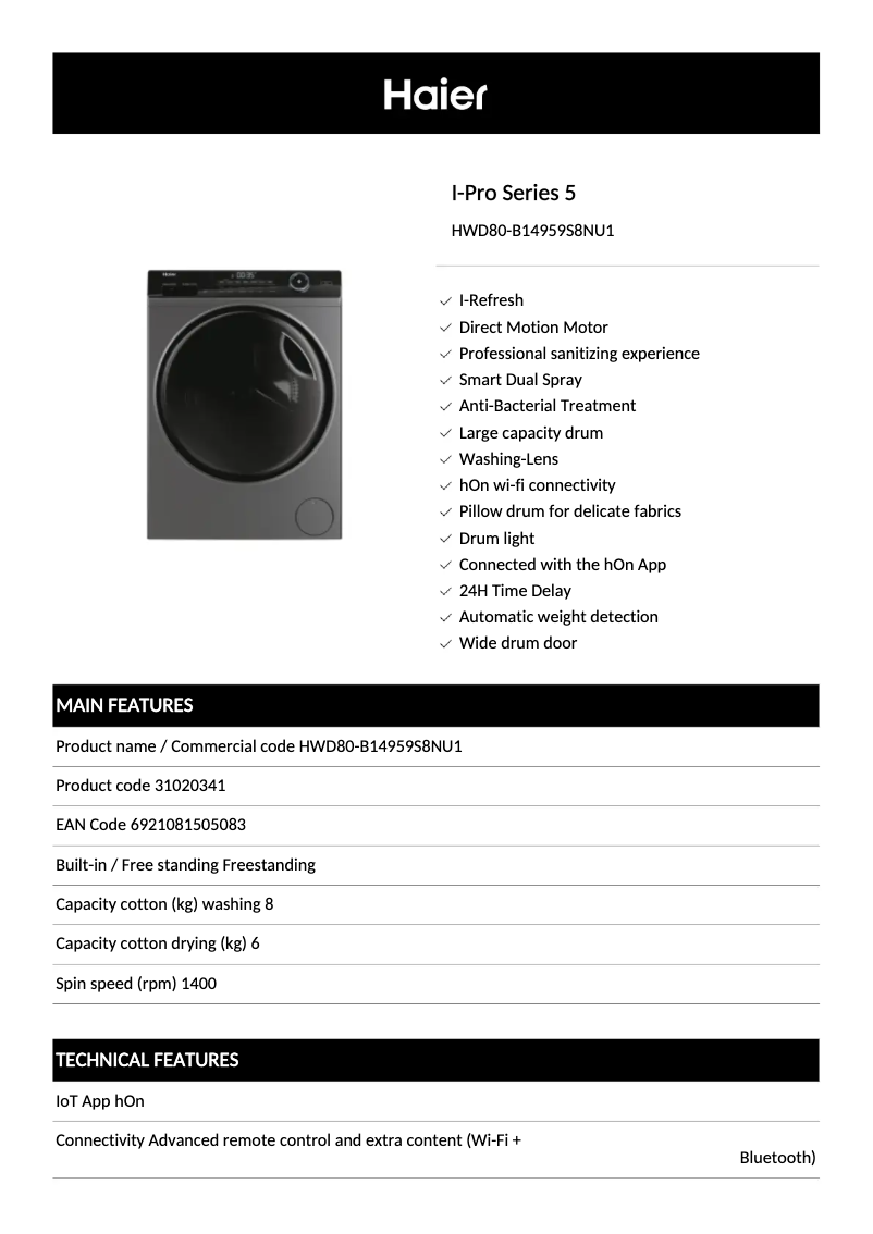 Page 1 de la notice Fiche technique Haier HWD80-B14959S8NU1