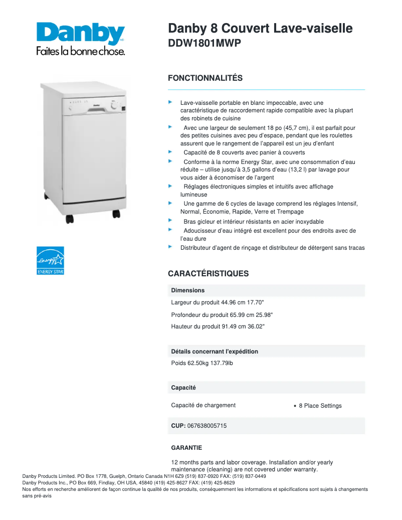 Página 1 del manual Ficha técnica Danby DDW1801MWP