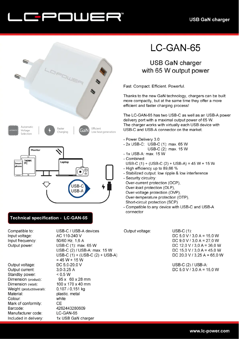 Page 1 de la notice Fiche technique LC-Power LC-GAN-65