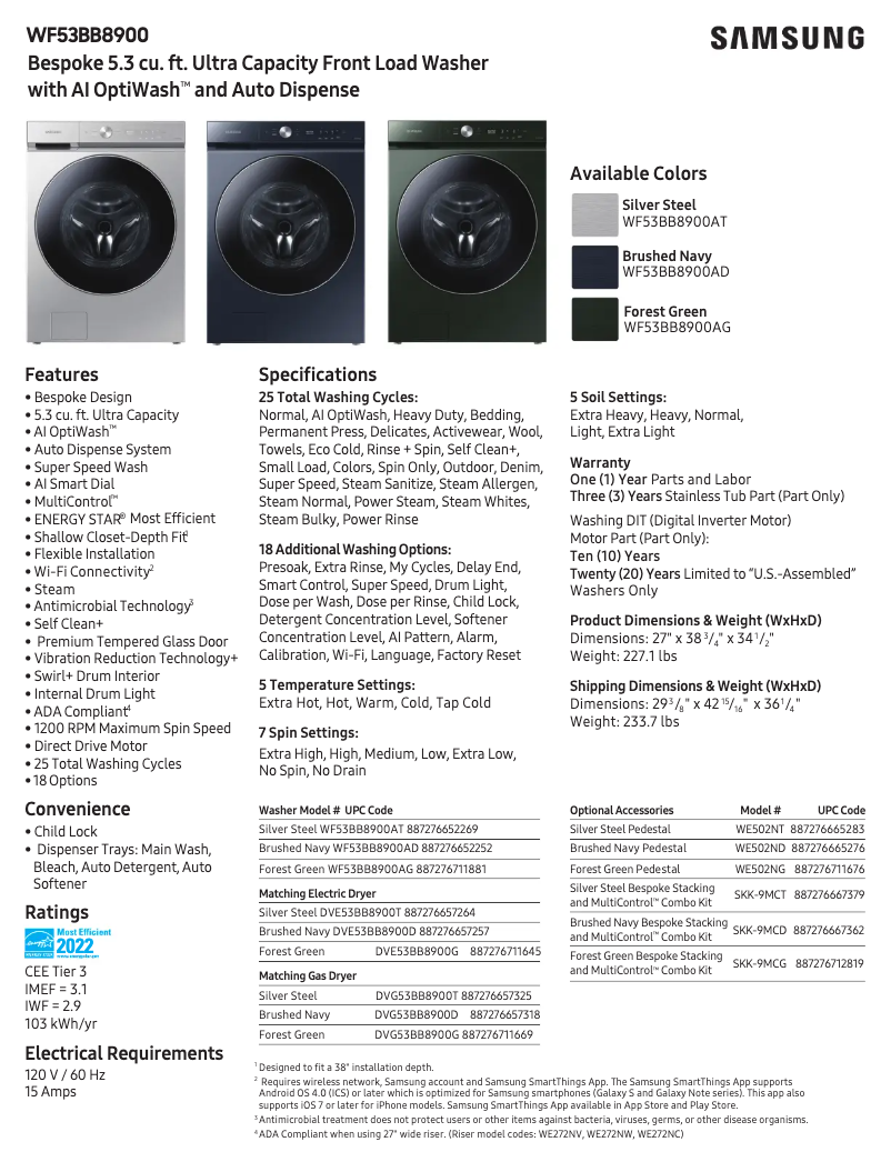 Page 1 de la notice Fiche technique Samsung WF53BB8900AD