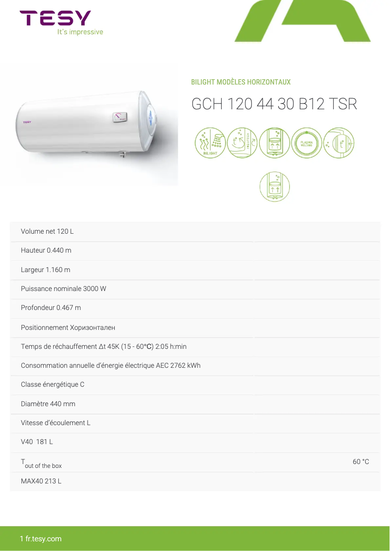 Página 1 del manual Ficha técnica Tesy BiLight 120 H