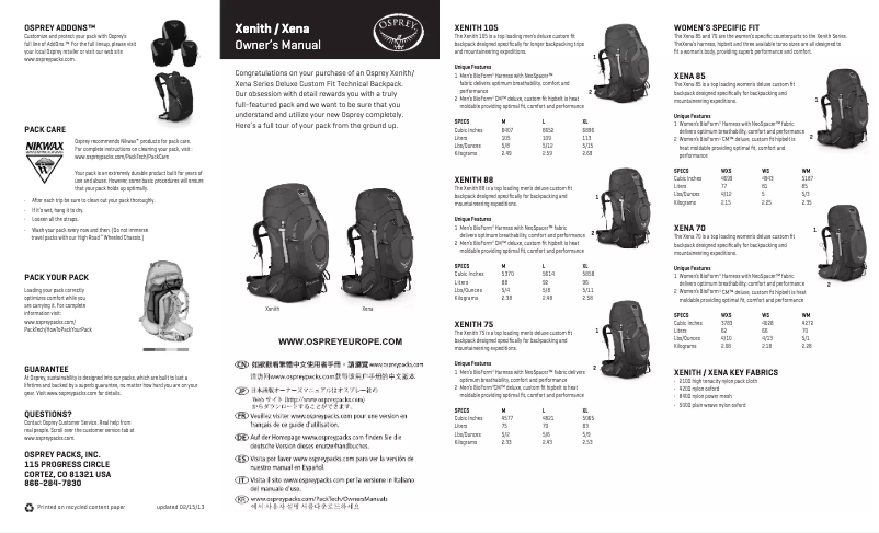 Page 1 de la notice Manuel utilisateur Osprey Xenith 88