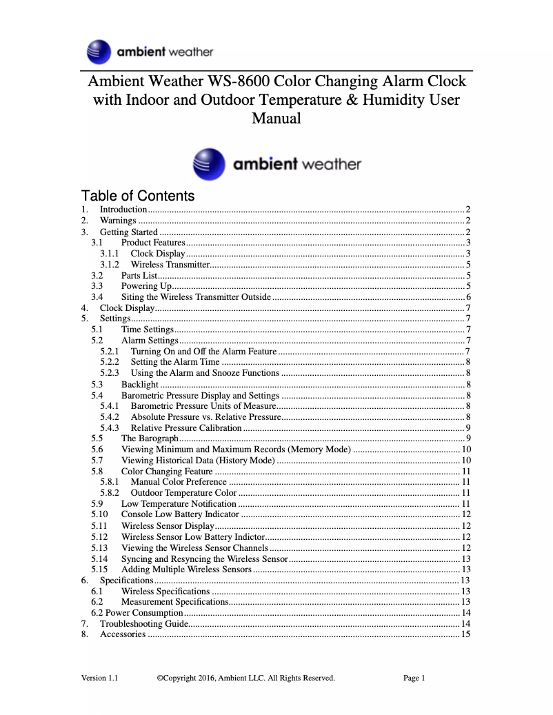 Page 1 de la notice Manuel utilisateur Ambient Weather WS-8600